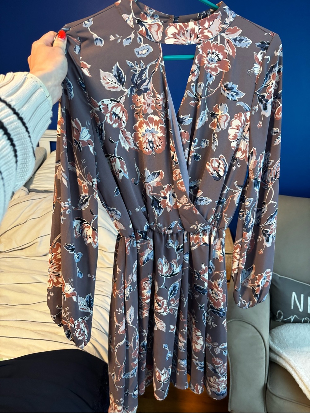 Floral Long-Sleeve Wrap Women's Dress in Mauve